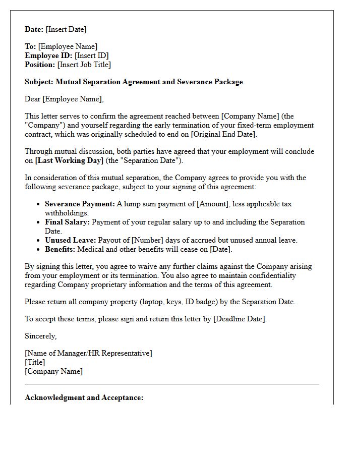 Fixed-Term Contract Mutual Separation Severance Letter