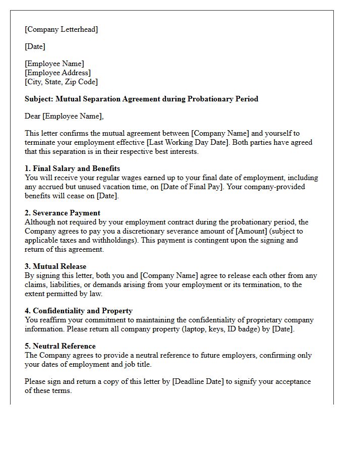 Probationary Period Mutual Separation Severance Letter