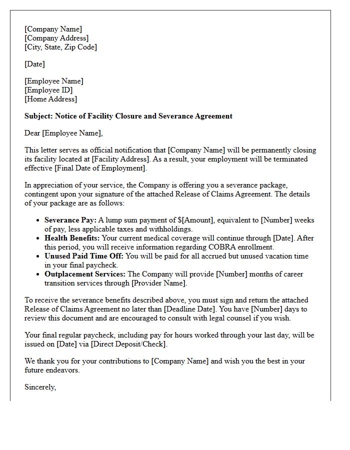 Standard Facility Closure Severance Letter