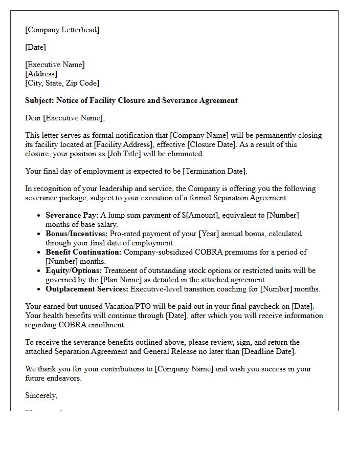 Executive Facility Closure Severance Letter