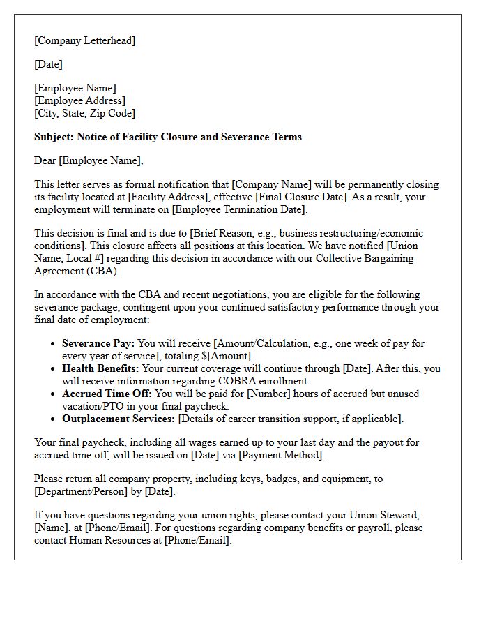 Union Employee Facility Closure Severance Letter