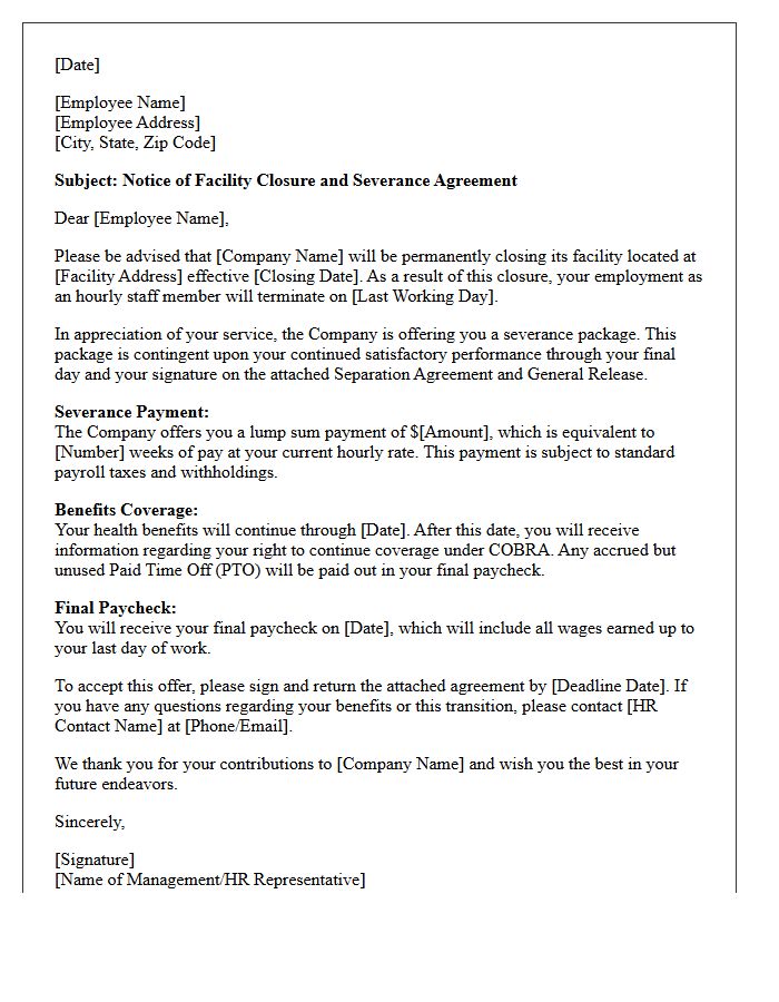 Hourly Staff Facility Closure Severance Letter