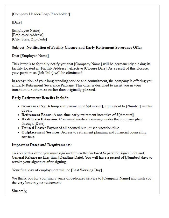 Early Retirement Facility Closure Severance Letter