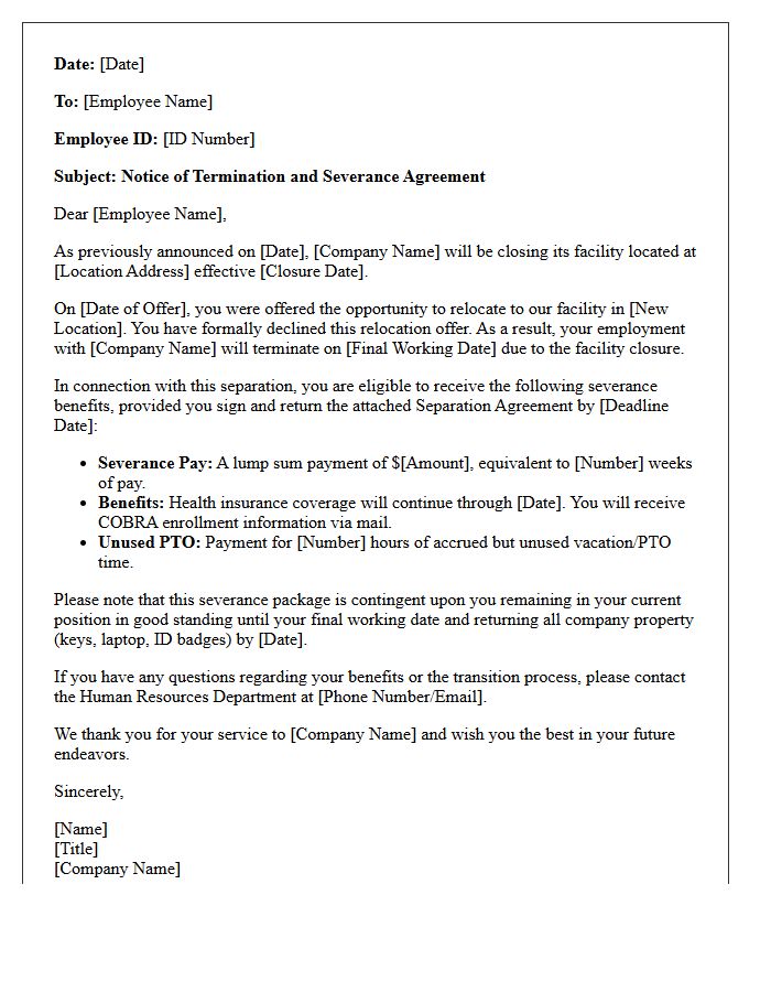 Declined Relocation Facility Closure Severance Letter
