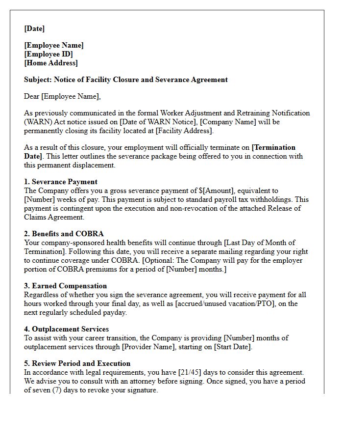 WARN Act Compliant Facility Closure Severance Letter