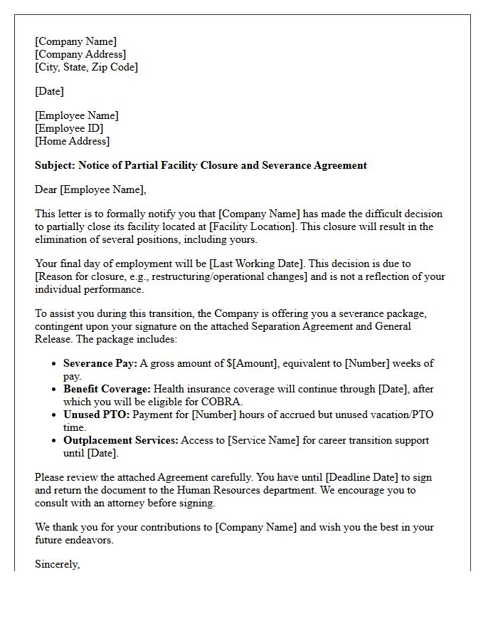 Partial Facility Closure Severance Letter