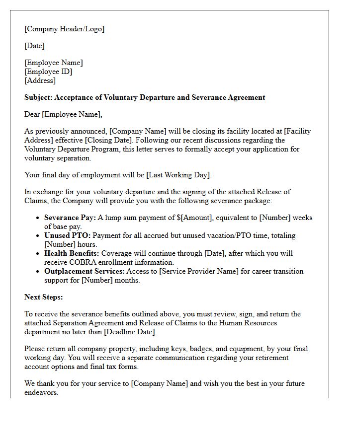 Voluntary Departure Facility Closure Severance Letter