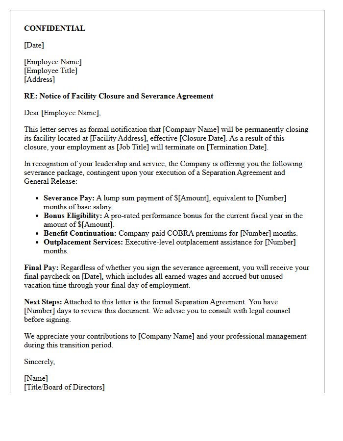 Senior Management Facility Closure Severance Letter