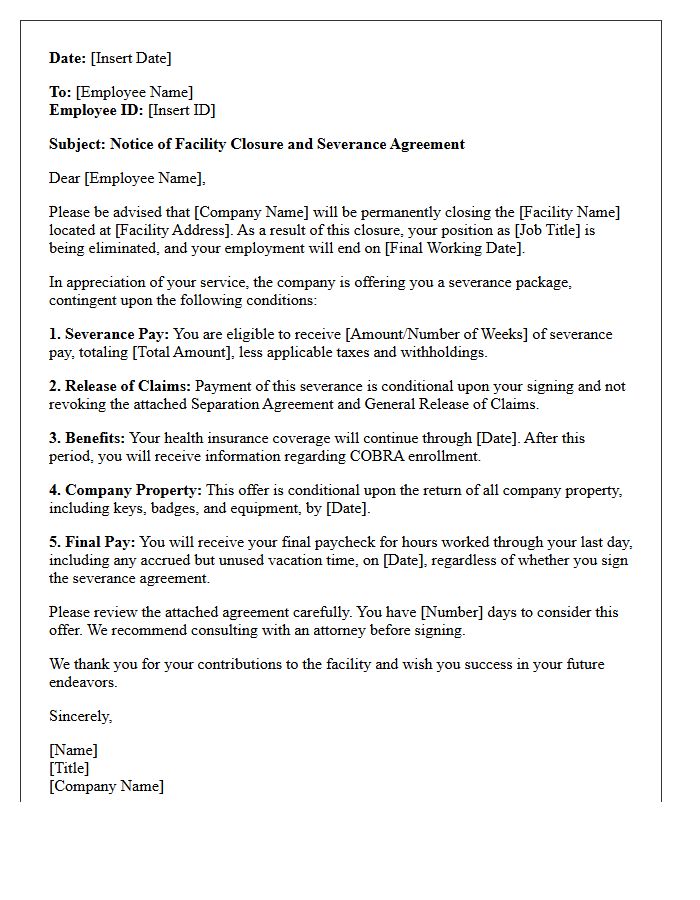 Conditional Release Facility Closure Severance Letter