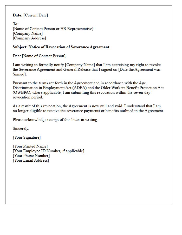 Standard Severance Agreement Revocation Letter