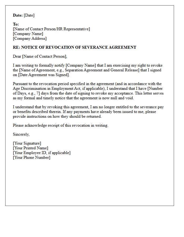 Employee Initiated Severance Agreement Revocation Letter