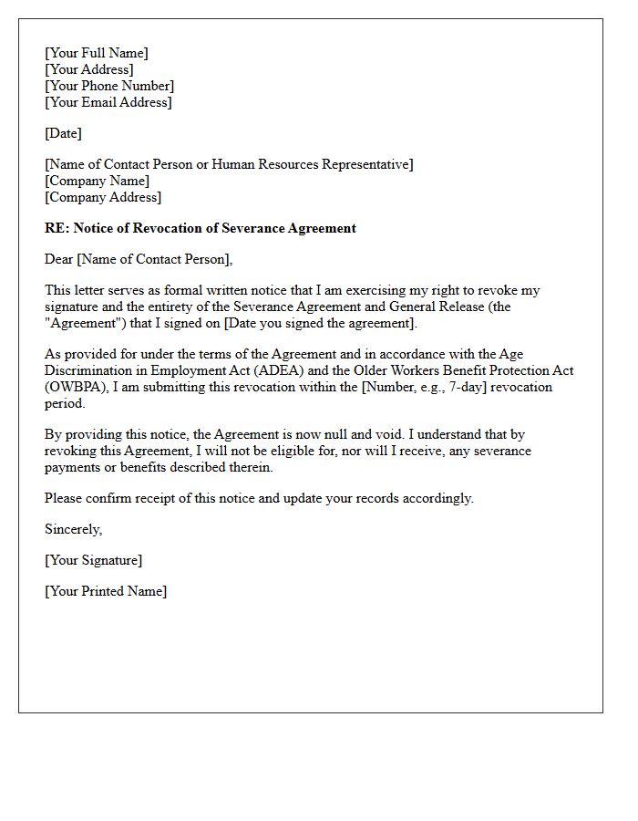 Formal Notice of Severance Agreement Revocation Letter
