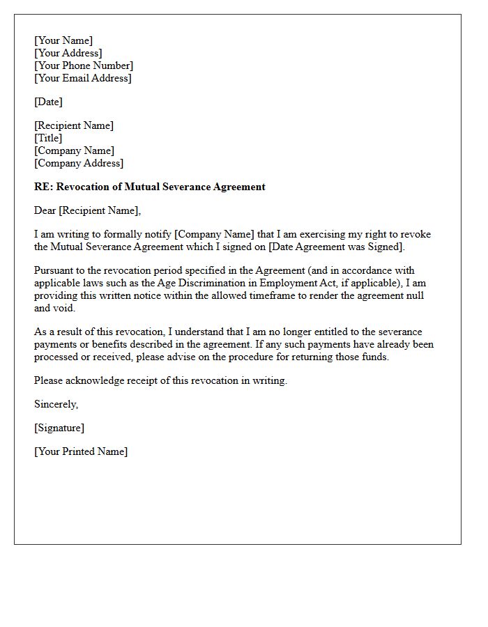 Mutual Severance Agreement Revocation Letter
