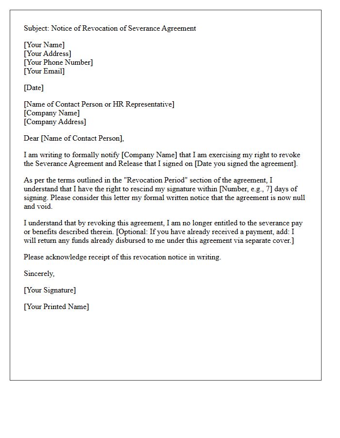 Pending Severance Agreement Revocation Letter