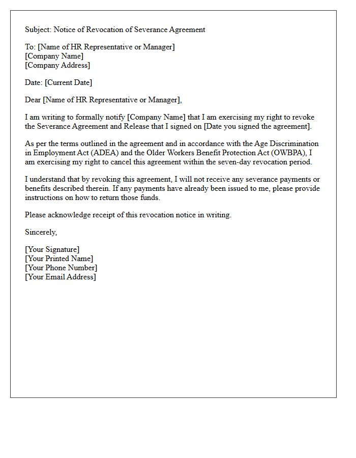 Seven Day Severance Agreement Revocation Letter
