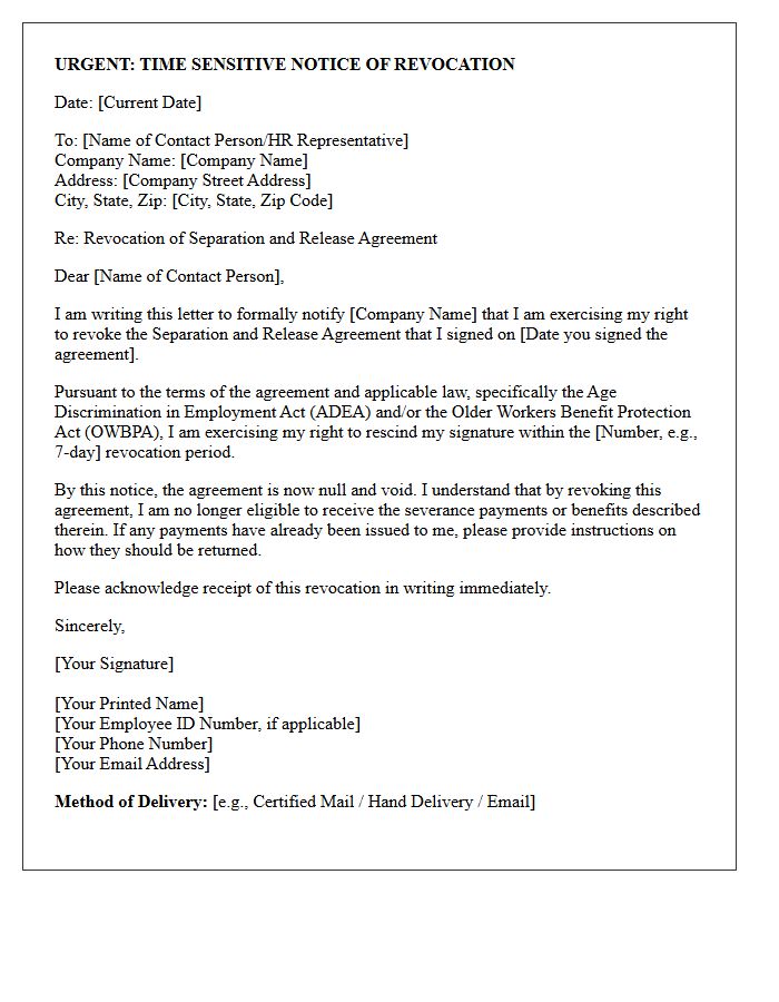 Time Sensitive Severance Agreement Revocation Letter