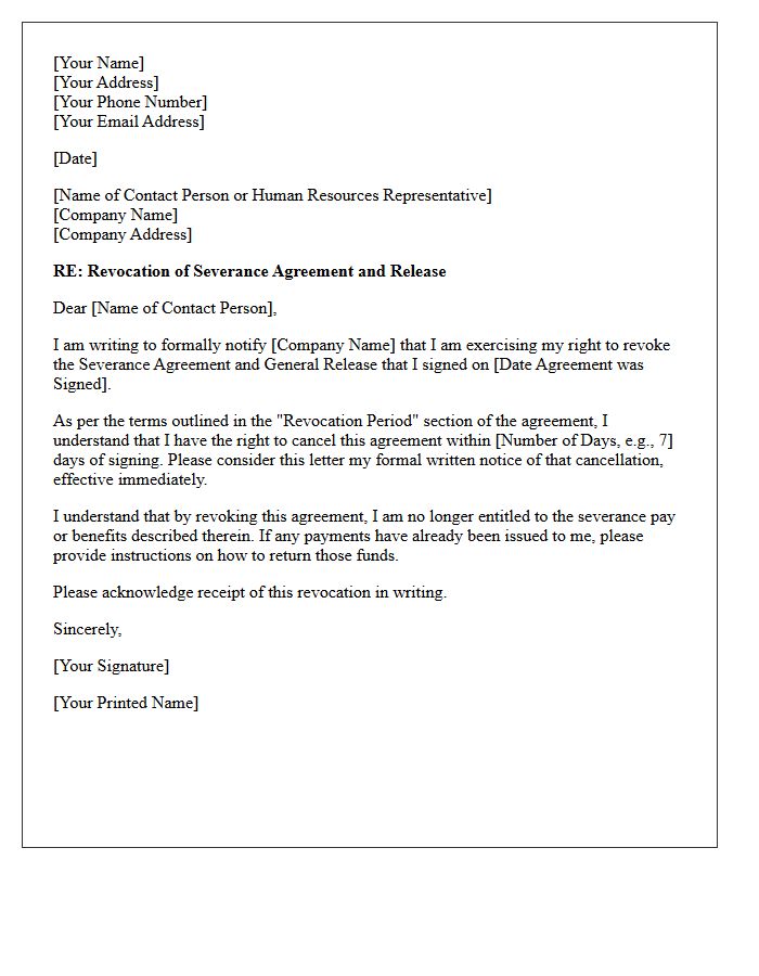 Revised Severance Agreement Revocation Letter