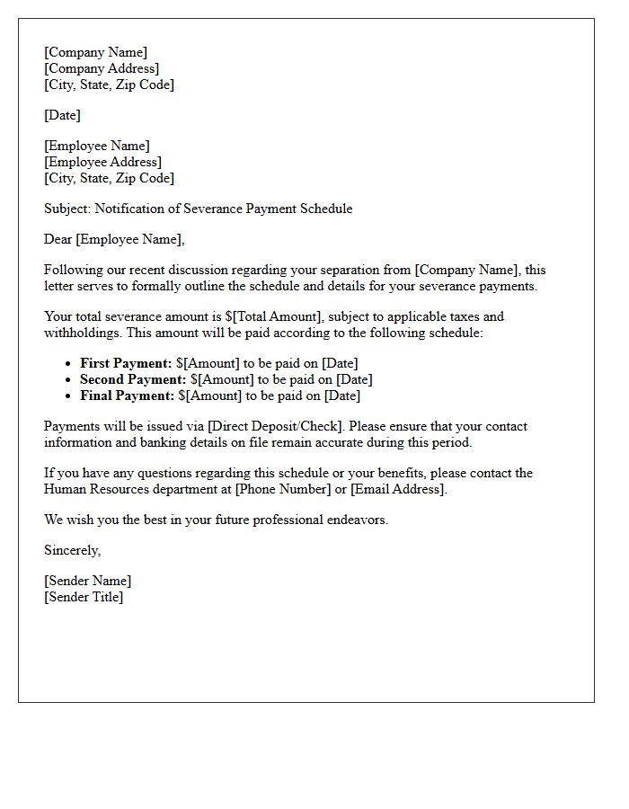 Severance Payment Schedule Notification Letter