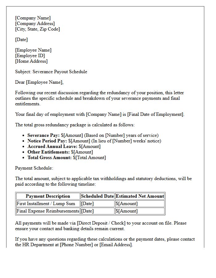 Redundancy Severance Payout Schedule Letter