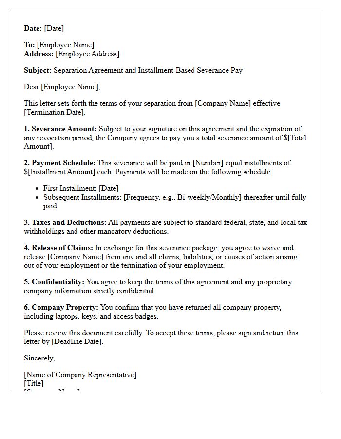 Installment Based Severance Agreement Letter