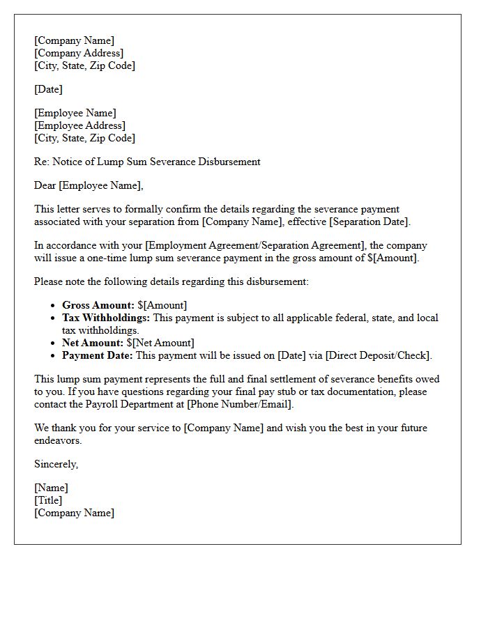 Lump Sum Severance Disbursement Letter