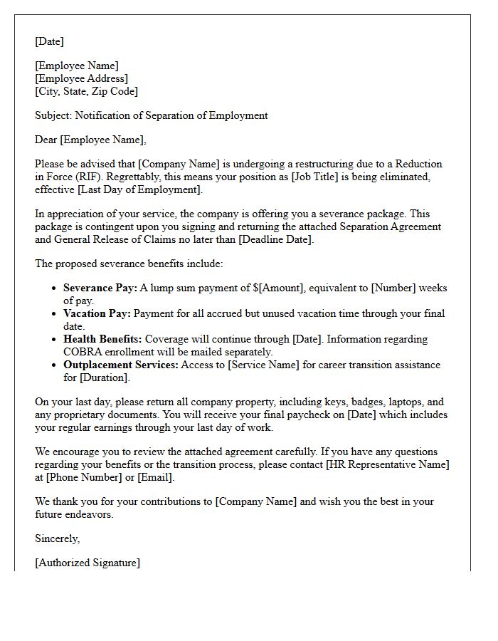 Reduction in Force Severance Notification Letter