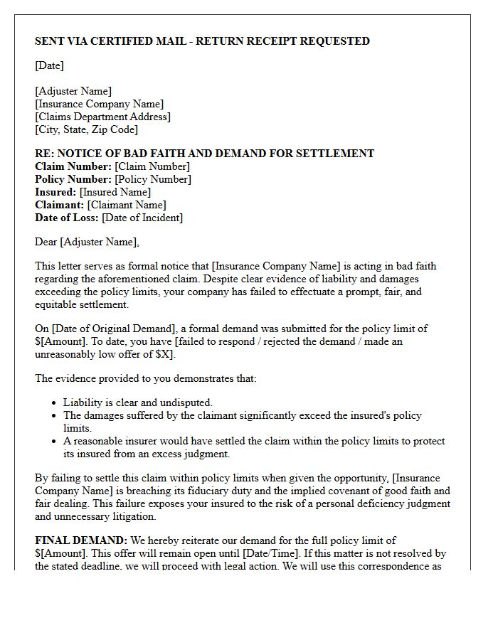 Notice of Insurance Bad Faith Failure to Settle Letter