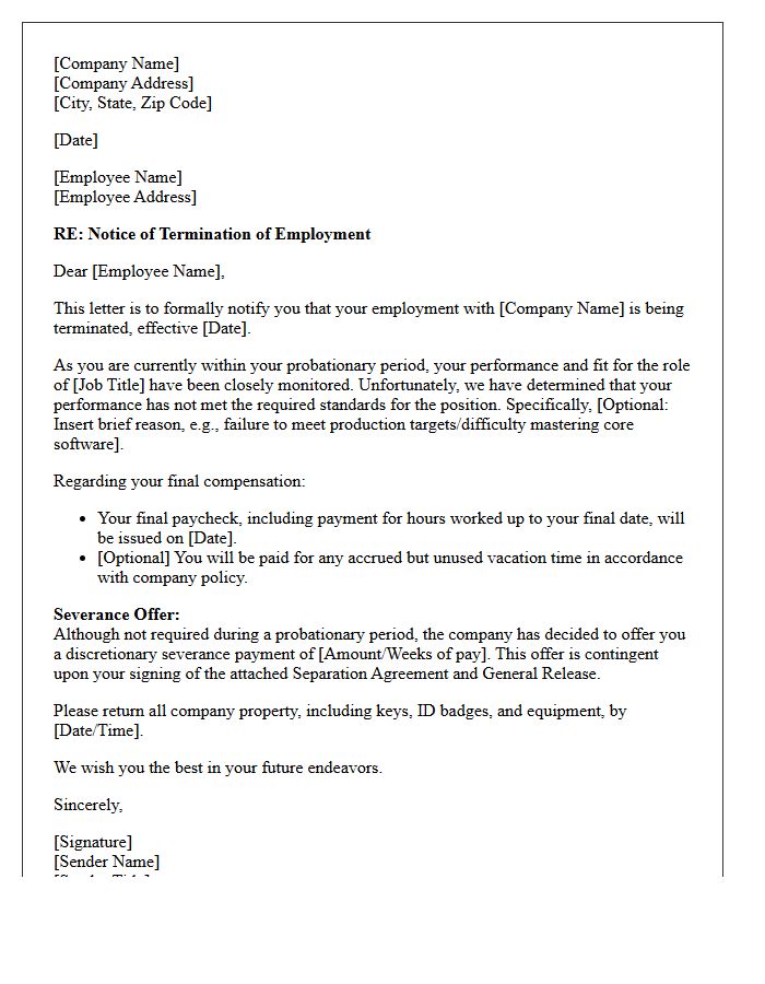 Probationary Employee Performance Severance Letter