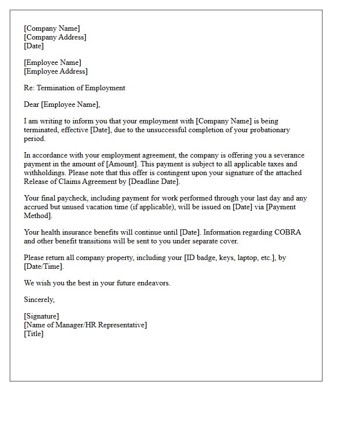 Unsuccessful Probationary Period Severance Letter