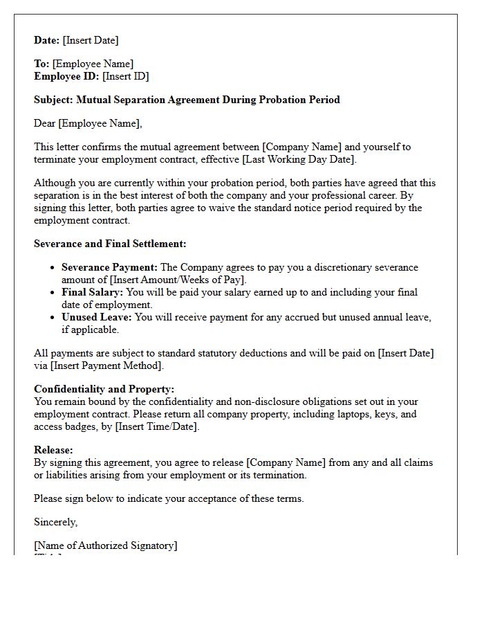 Mutual Separation Severance Letter During Probation
