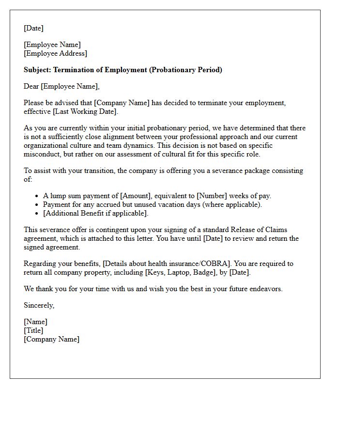 Probationary Culture Fit Severance Letter
