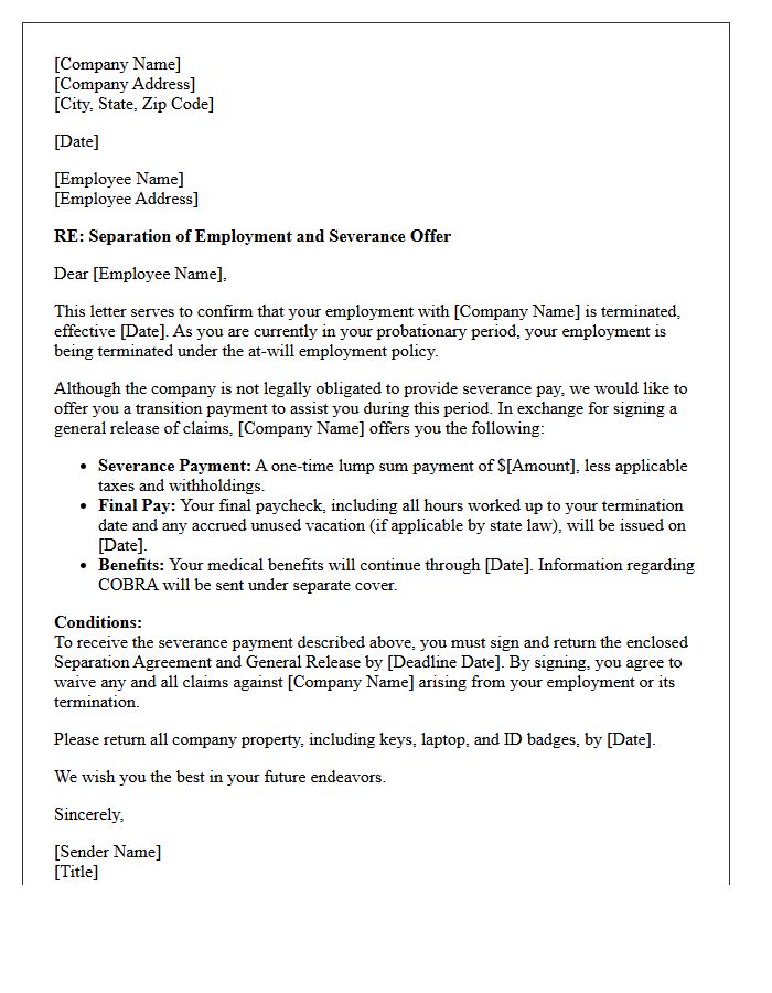 General At-Will Probationary Employee Severance Letter