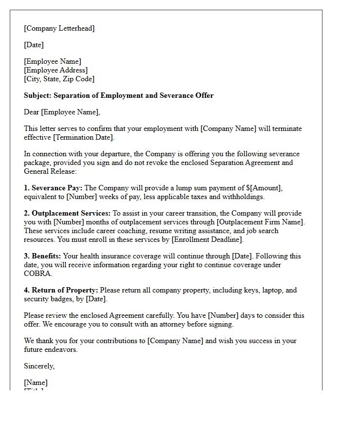 Standard Severance Letter With Outplacement Services Provision