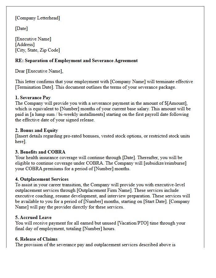 Executive Severance Letter With Outplacement Services Provision
