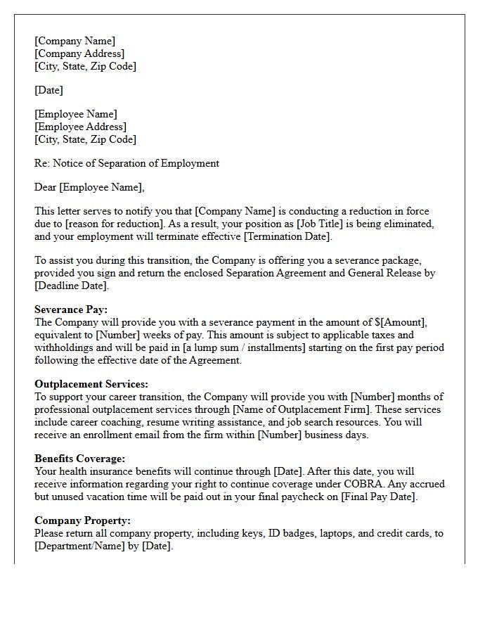 Reduction In Force Severance Letter With Outplacement Services Provision
