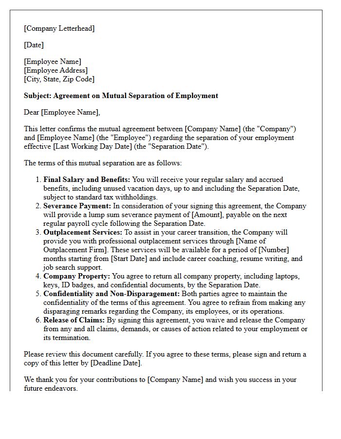 Mutual Separation Letter With Outplacement Services Provision