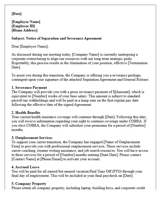 Corporate Restructuring Severance Letter With Outplacement Services Provision