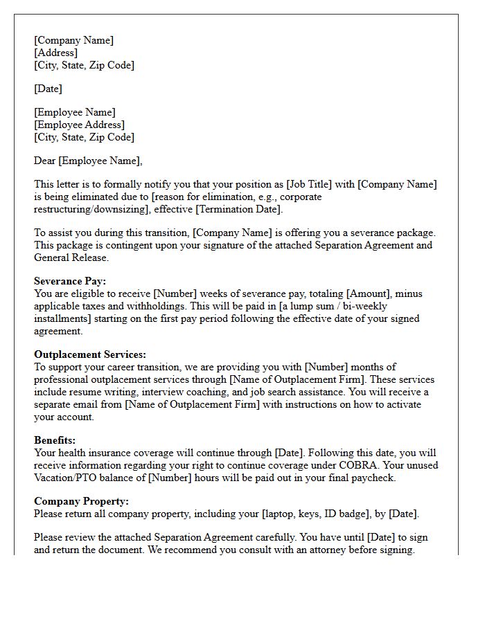 Job Elimination Severance Letter With Outplacement Services Provision