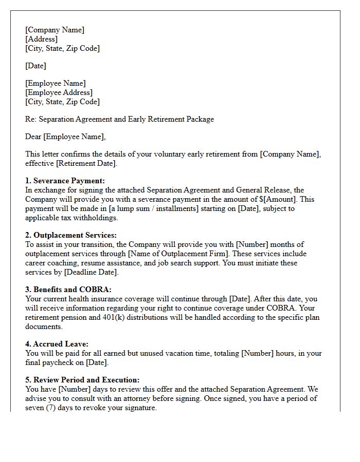 Early Retirement Severance Letter With Outplacement Services Provision