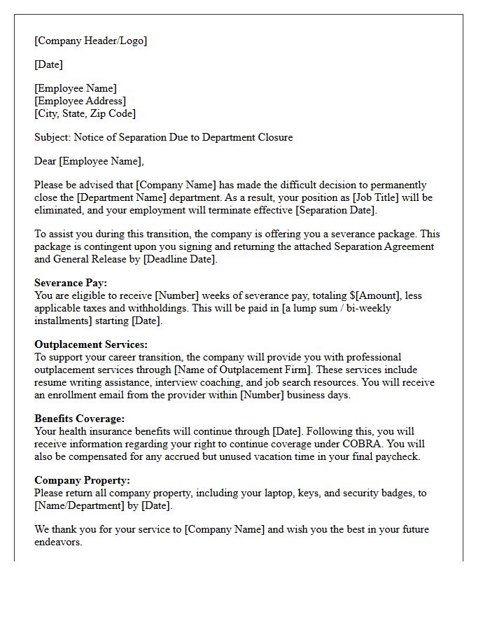 Department Closure Severance Letter With Outplacement Services Provision