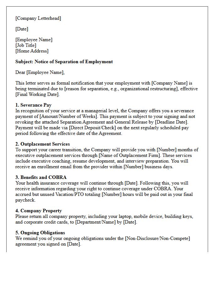 Managerial Severance Letter With Outplacement Services Provision