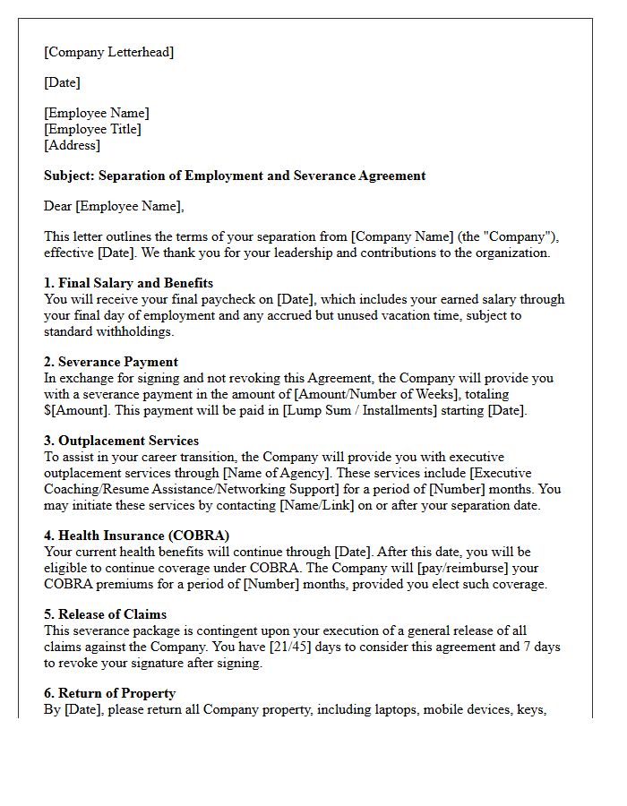 Senior Leadership Severance Letter With Outplacement Services Provision