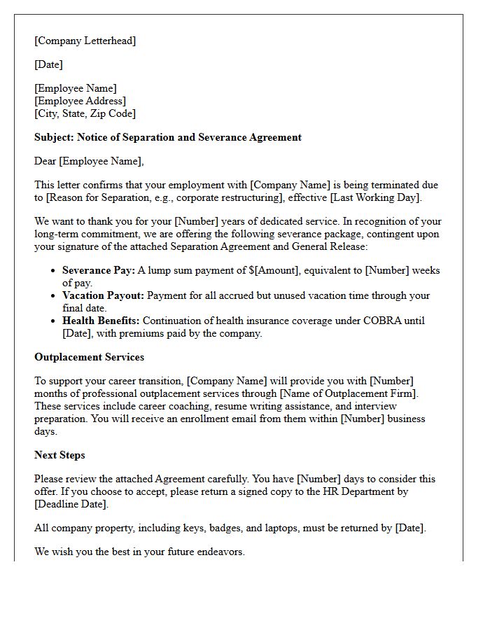 Long-Term Employee Severance Letter With Outplacement Services Provision
