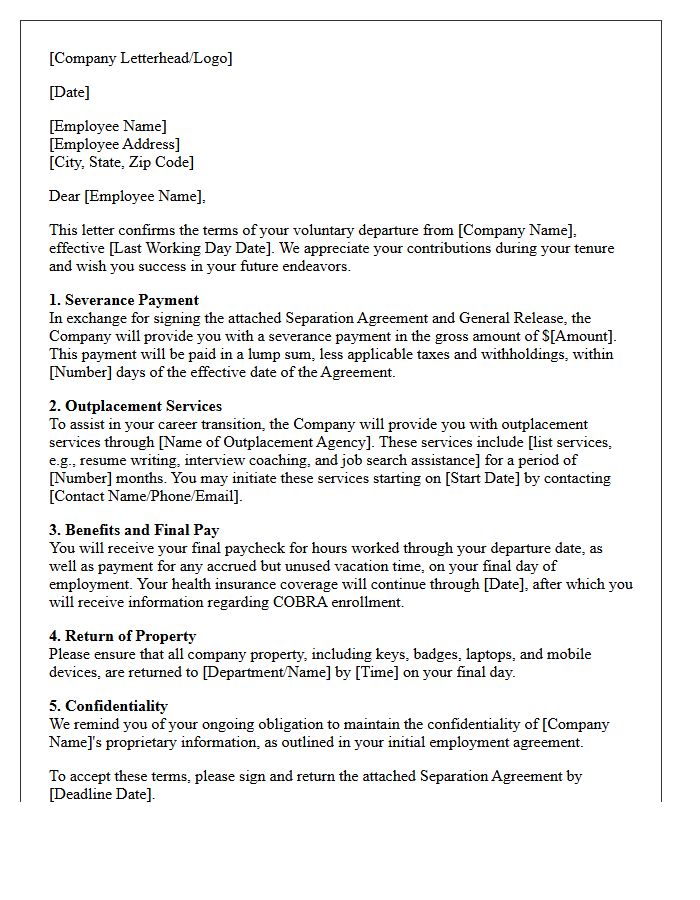 Voluntary Departure Severance Letter With Outplacement Services Provision