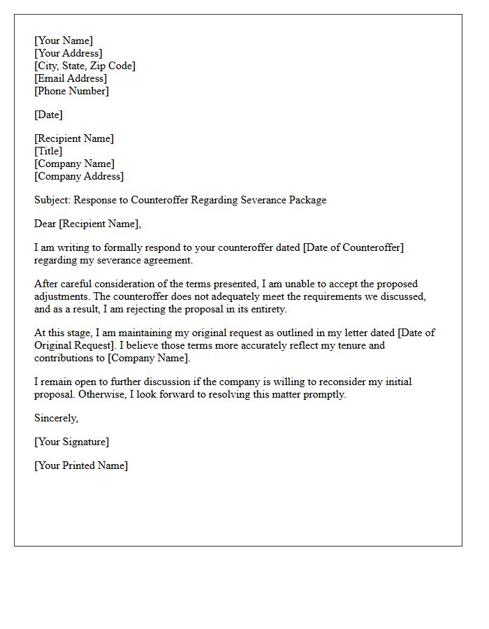 Complete Rejection Severance Counteroffer Response Letter