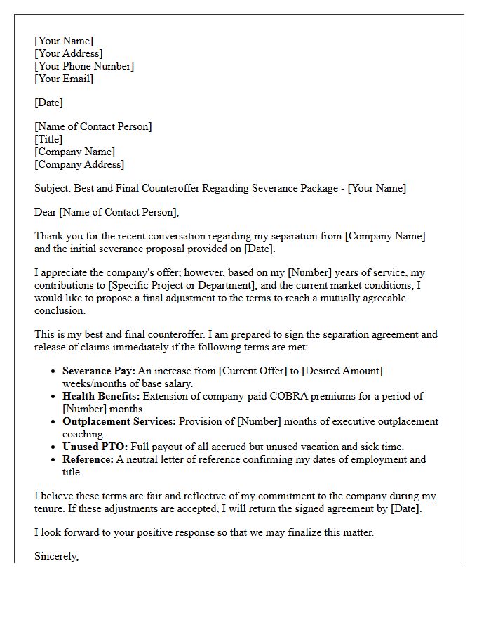 Best And Final Offer Severance Counteroffer Response Letter
