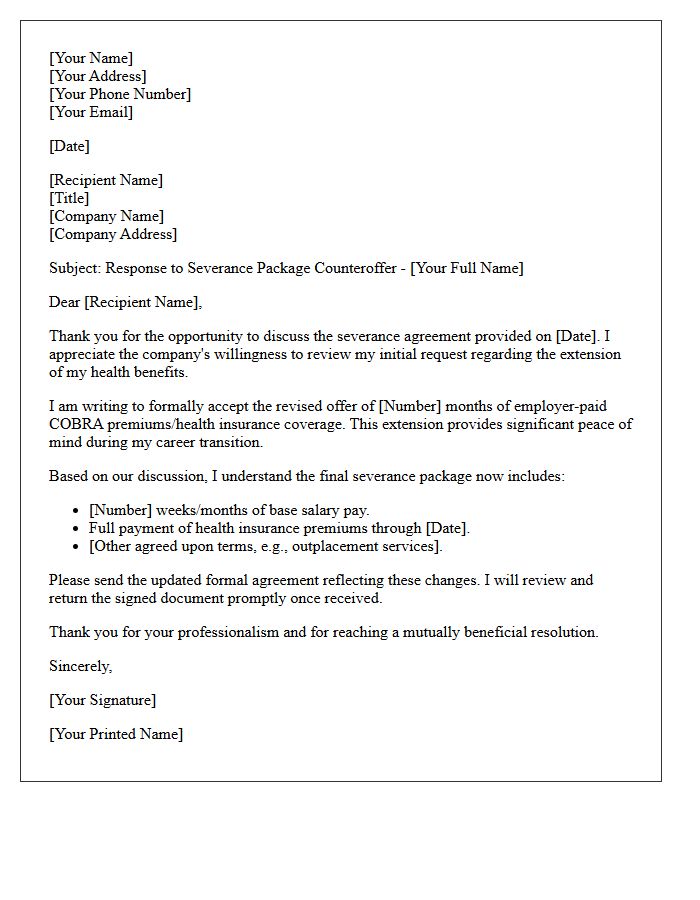 Health Benefits Extension Severance Counteroffer Response Letter