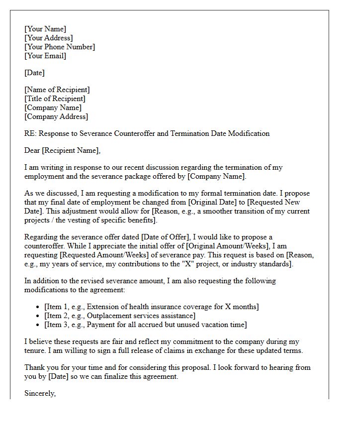 Termination Date Modification Severance Counteroffer Response Letter