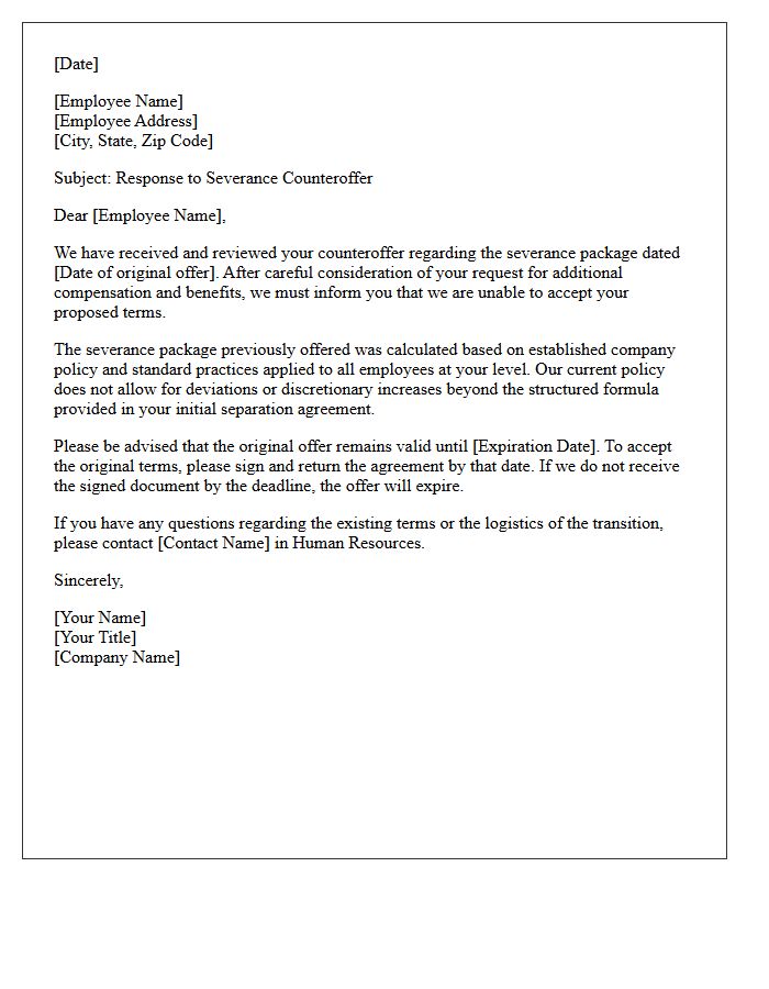 Company Policy Denial Severance Counteroffer Response Letter