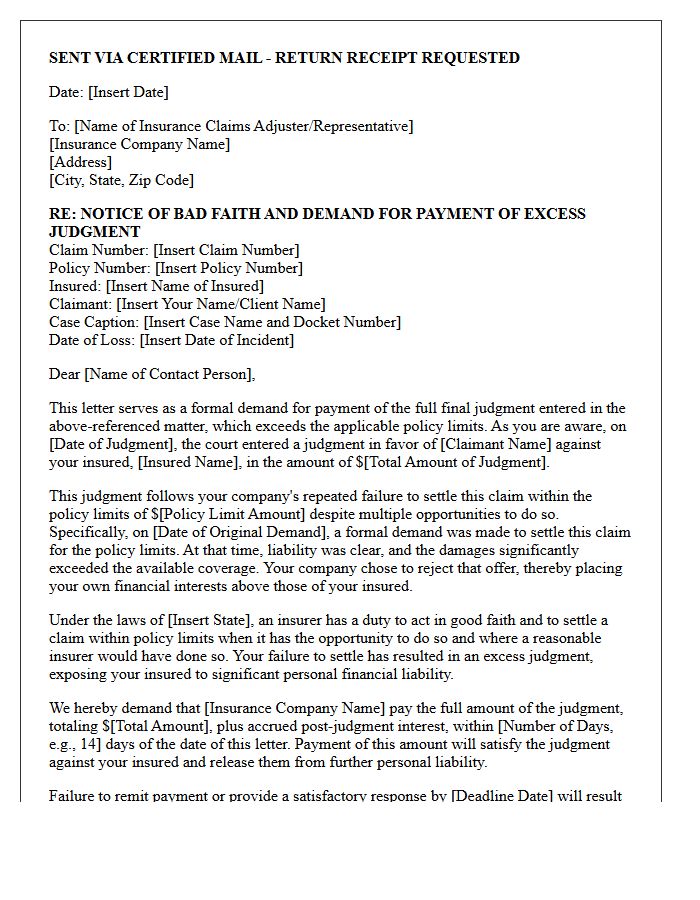 Excess Judgment Bad Faith Liability Demand Letter
